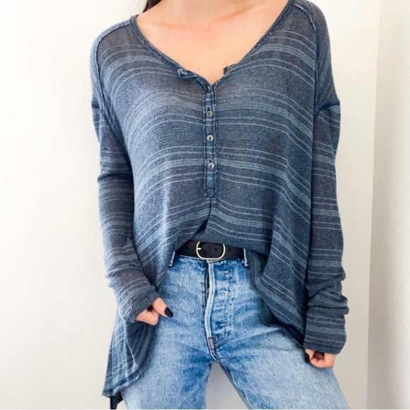 We The Free Sweaters - Free People We The Free Slinky Hacci Henley Blue Striped Button Top Knit Sweater